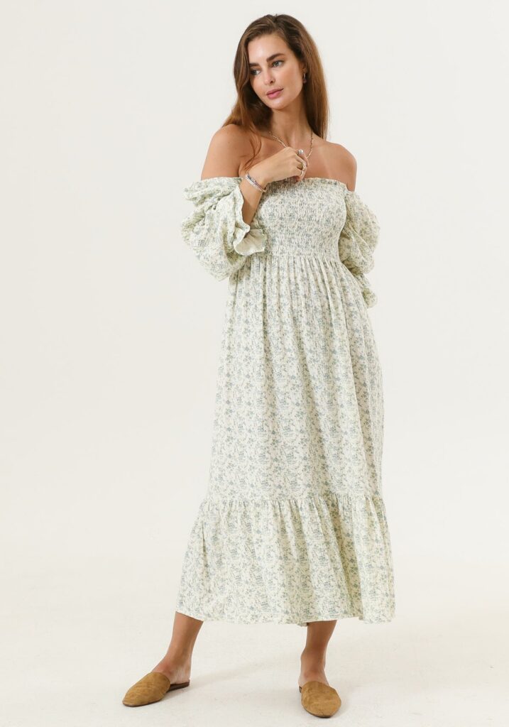 photo of a model wearing an off shoulder white and light green maternity photoshoot dress taken on a white background