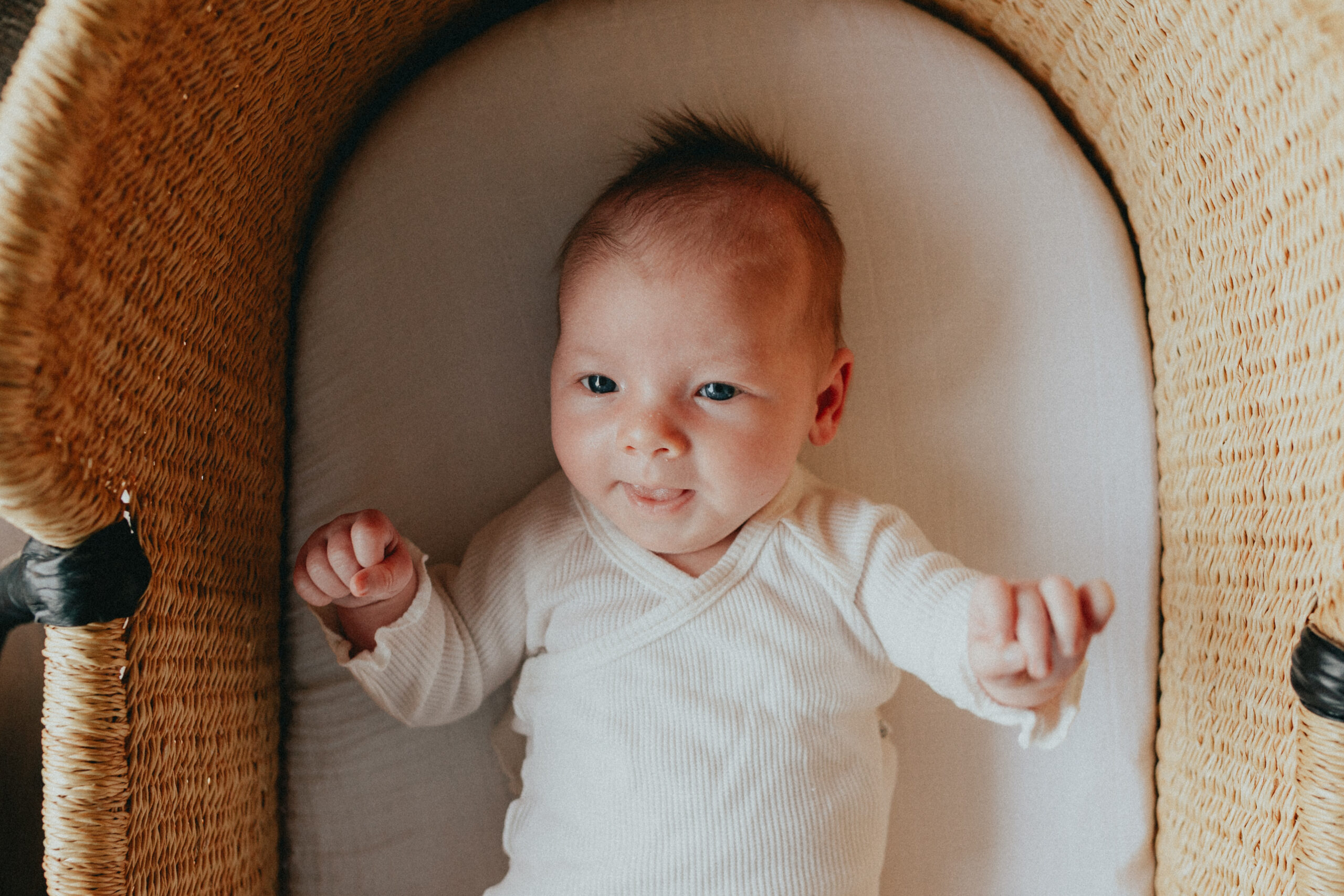 Photo of a newborn baby laying awake in their bassinet looking out the window taken for langley newborn photography